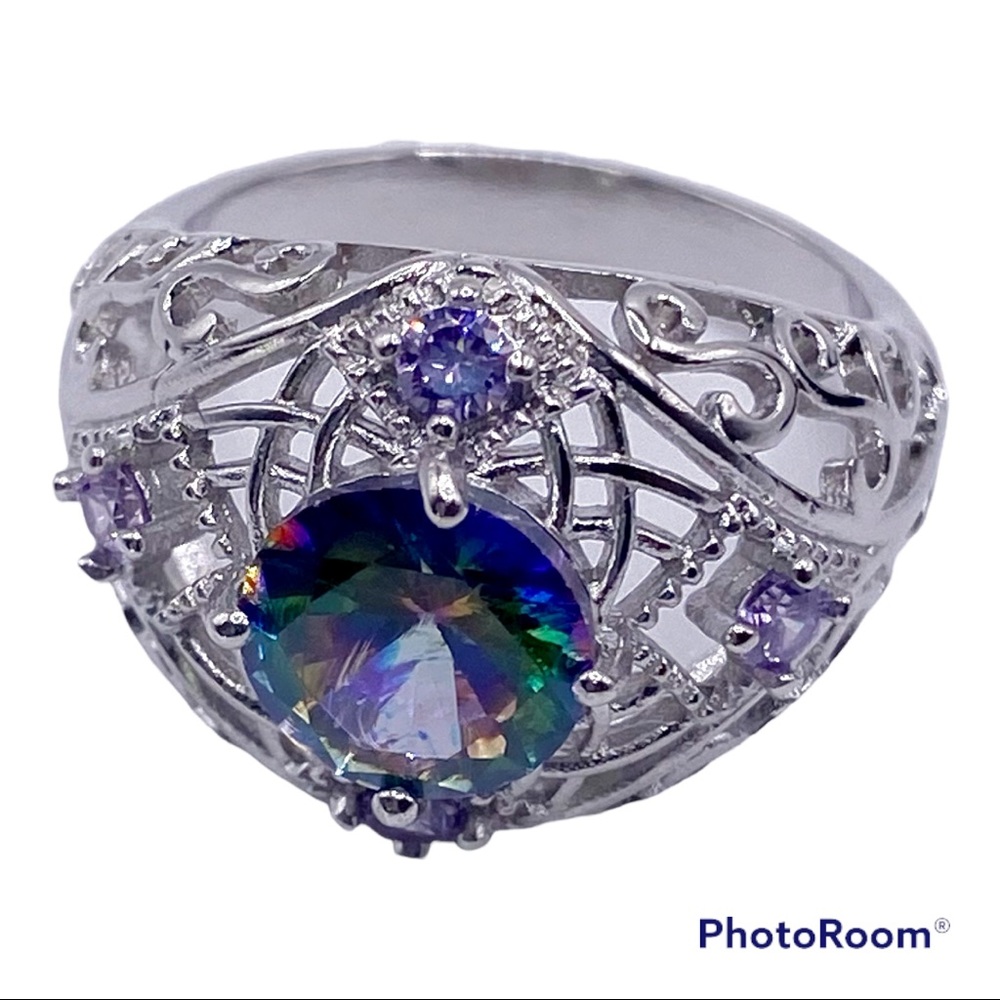 Round Cut Rainbow Blue Topaz Colored CZ Ring, Size 6